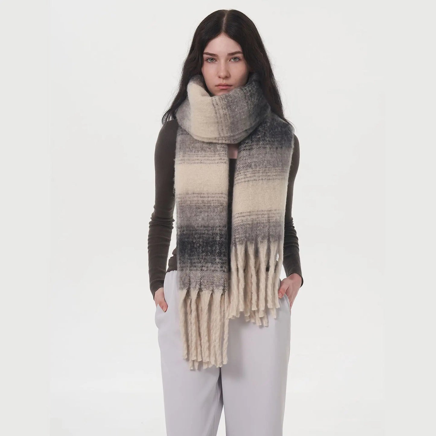 Cashmere Color Block Tassel Muffler Scarf