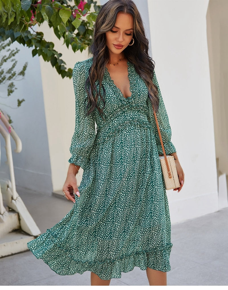 Amy Fashion - Butterfly Sleeve High Waist Casual Print Dresses