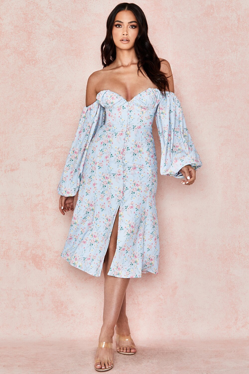 Amy Fashion - Sweet Off Shoulder Puff Sleeve Spilt Buttons Dresses