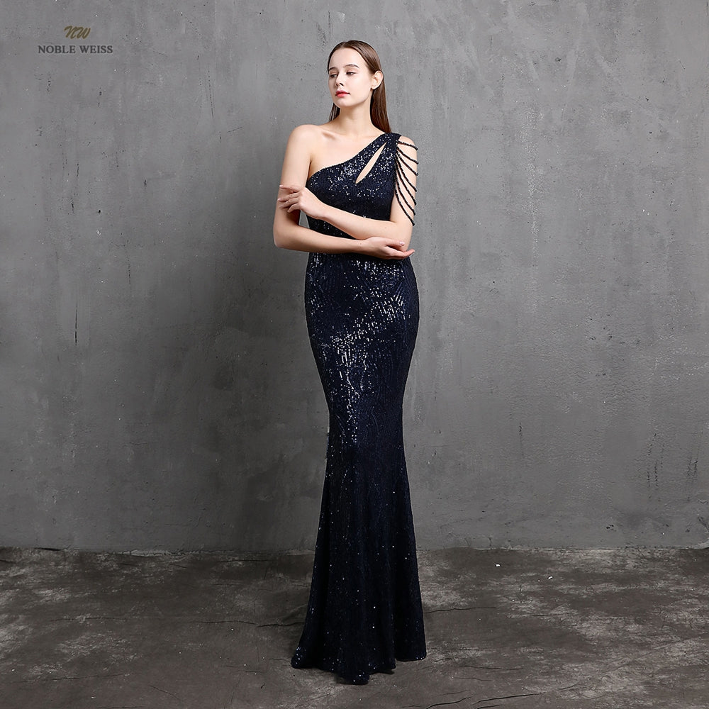 Amy Fashion - One-Shoulder Floor-Length Mermaid Sequined Evening Dress