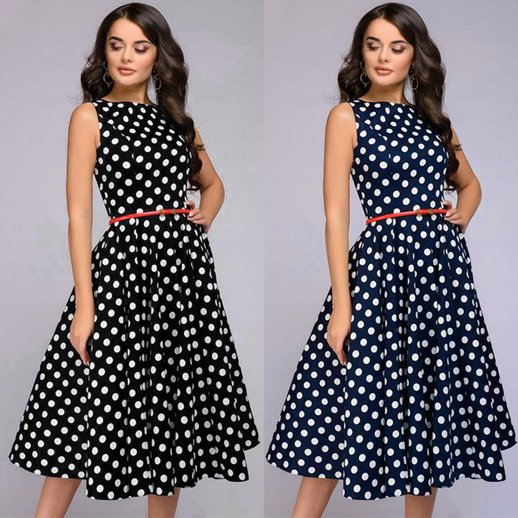 Amy Fashion - Elegant Polka Dot Print Flared Sleeveless Dress