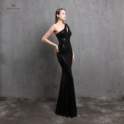 Amy Fashion - One-Shoulder Floor-Length Mermaid Sequined Evening Dress