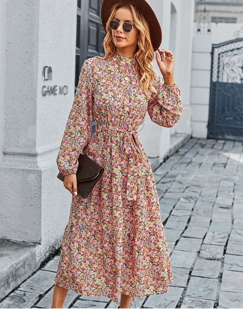 Amy Fashion - Autumn Winter Half High Collar Floral Dress