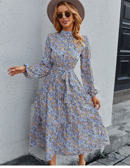 Amy Fashion - Autumn Winter Half High Collar Floral Dress