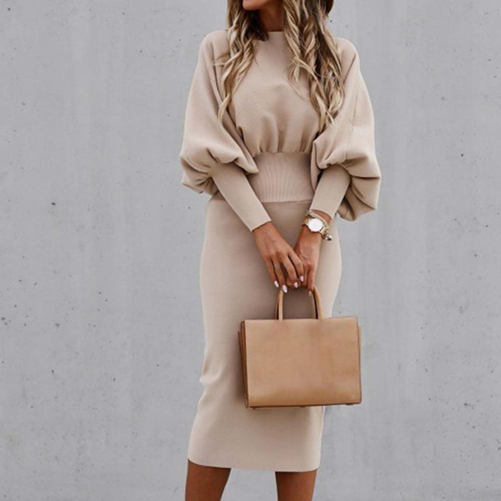 Amy Fashion - Tight High Waist Elegant Long Lantern Sleeve O-Neck Dress