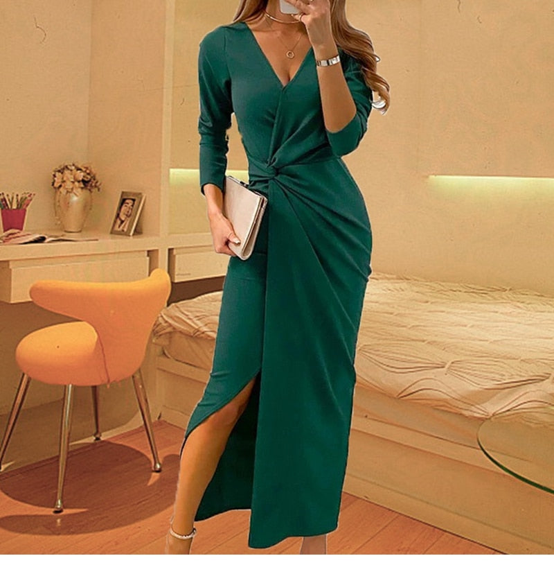 Amy Fashion - V Neck Evening Dresses Long Sleeve Split Maxi Dress