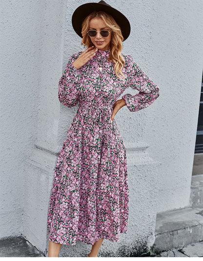 Amy Fashion - Autumn Winter Half High Collar Floral Dress