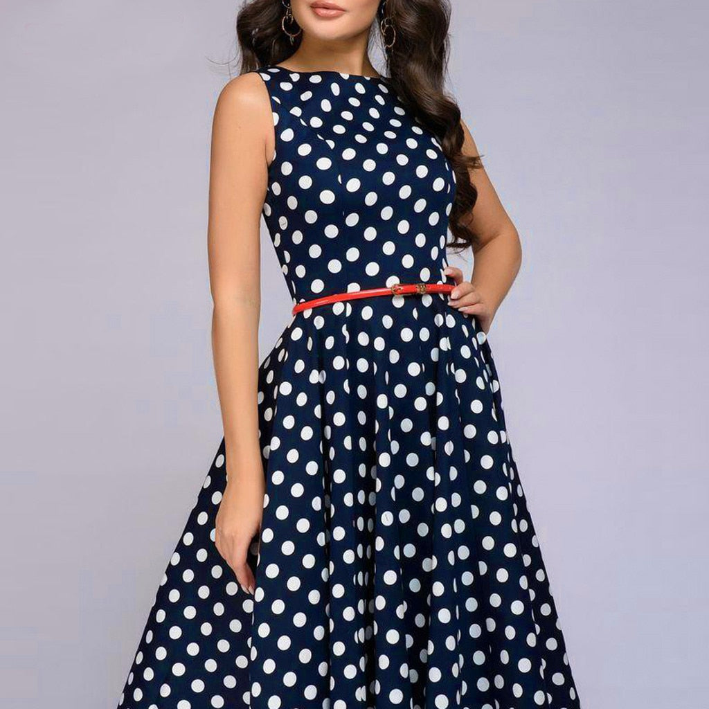 Amy Fashion - Elegant Polka Dot Print Flared Sleeveless Dress