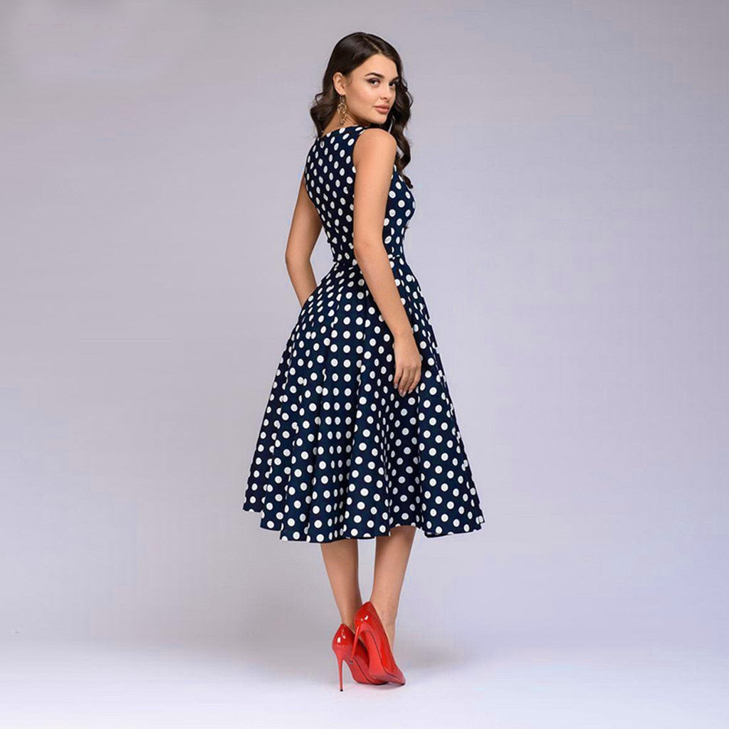 Amy Fashion - Elegant Polka Dot Print Flared Sleeveless Dress