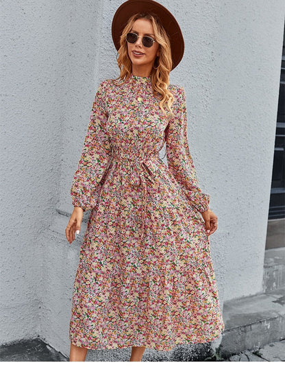 Amy Fashion - Autumn Winter Half High Collar Floral Dress