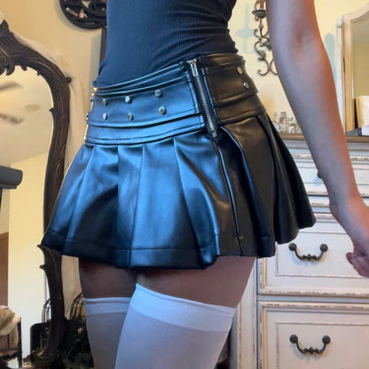 Gothic Leather Pleated Short Black Side Zipper  A-line Fashion Skirt