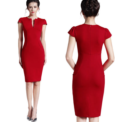 Amy Fashion - Solid Deep V neck Zipper Back Formal Stretch Pencil Dress