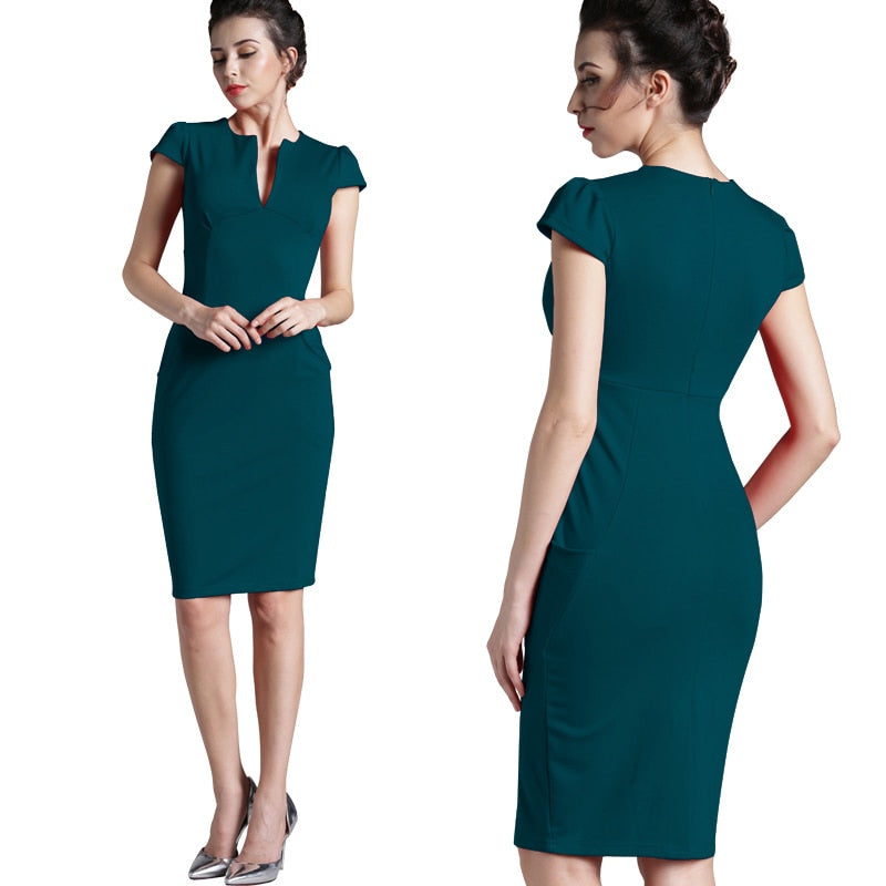 Amy Fashion - Solid Deep V neck Zipper Back Formal Stretch Pencil Dress