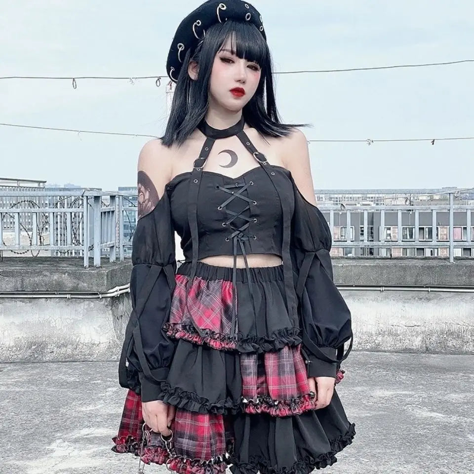 Rock Stitching Skirt Spice Cosplay Red High Plaid Girl Waist Harajuku Two-dimensional Dark Petticoat A-line