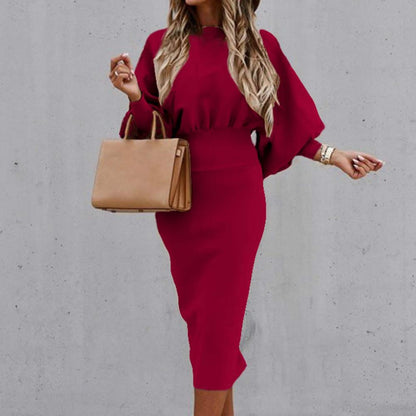 Amy Fashion - Tight High Waist Elegant Long Lantern Sleeve O-Neck Dress