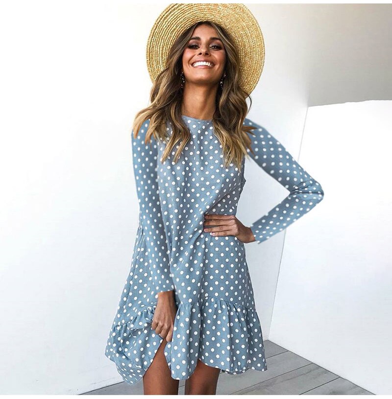 Amy Fashion - Fashion Polka Dot Chiffon Long Sleeve O Neck Ruffle Dress