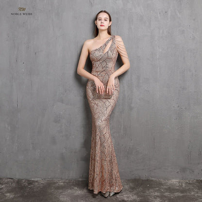 Amy Fashion - One-Shoulder Floor-Length Mermaid Sequined Evening Dress