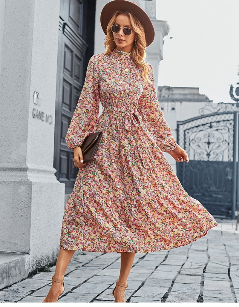 Amy Fashion - Autumn Winter Half High Collar Floral Dress