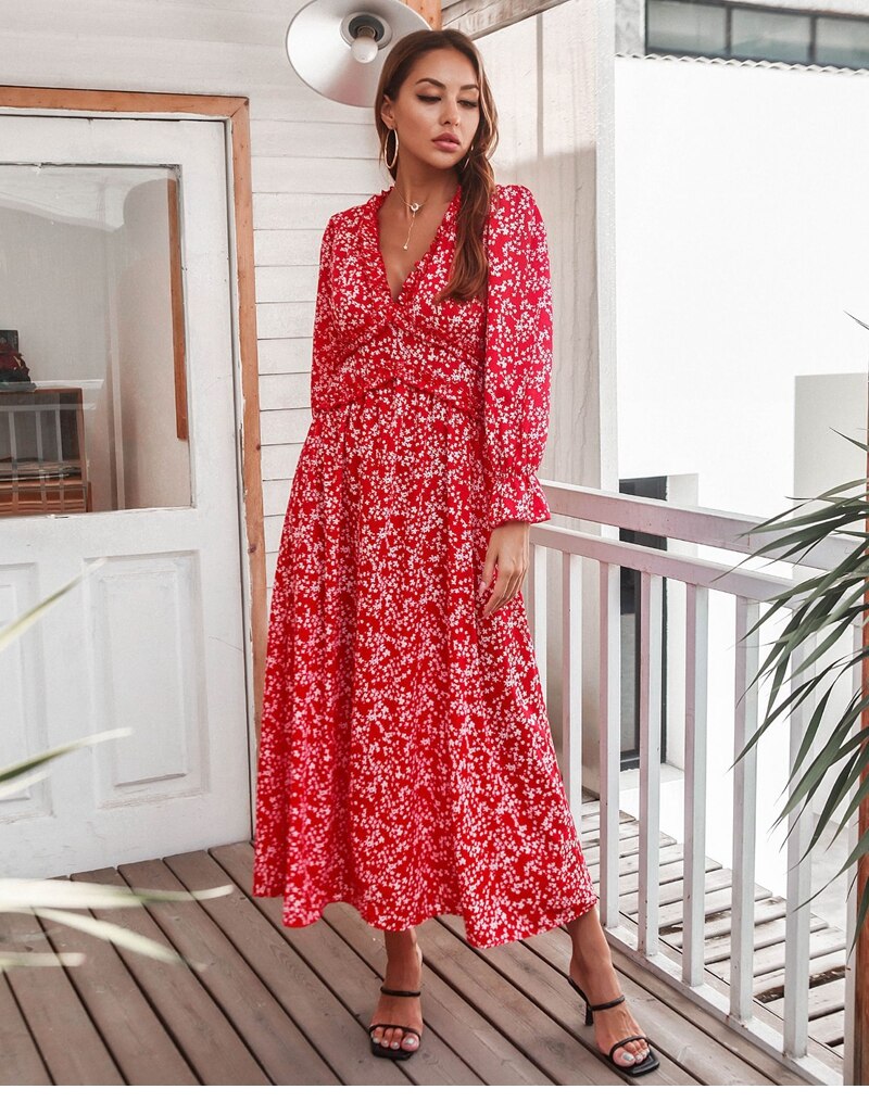 Amy Fashion - Slim High Waist V Neck Flare Sleeve Floral Maxi Dresses