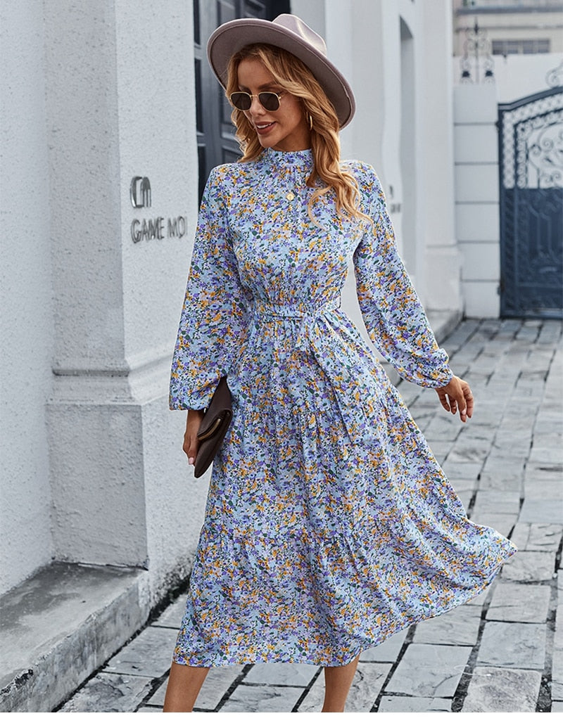 Amy Fashion - Autumn Winter Half High Collar Floral Dress