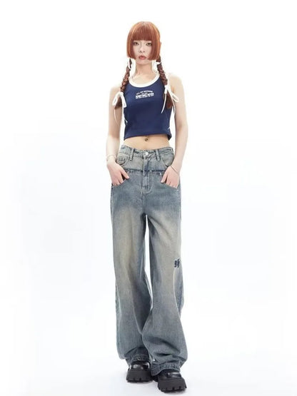 Amy Fashion - High Street Niche Design Wide Leg Washed For Men And Women Straight Tube Loose Fitting Retro Pants Trendy Women's Jean