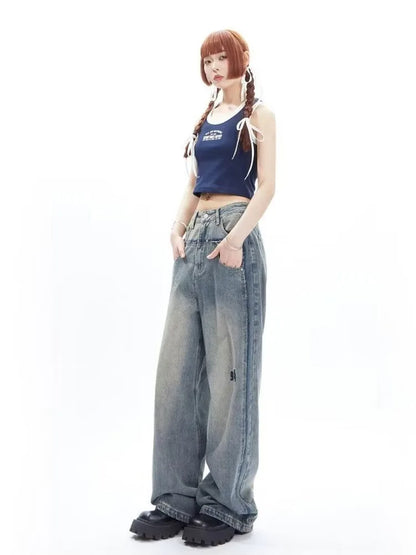 Amy Fashion - High Street Niche Design Wide Leg Washed For Men And Women Straight Tube Loose Fitting Retro Pants Trendy Women's Jean