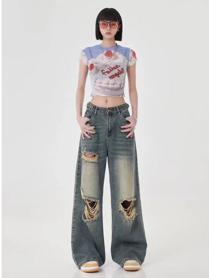 Amy Fashion - Perforated Women's Summer New INS Fashion Brand Straight Tube Loose Sweeping High Street Jean