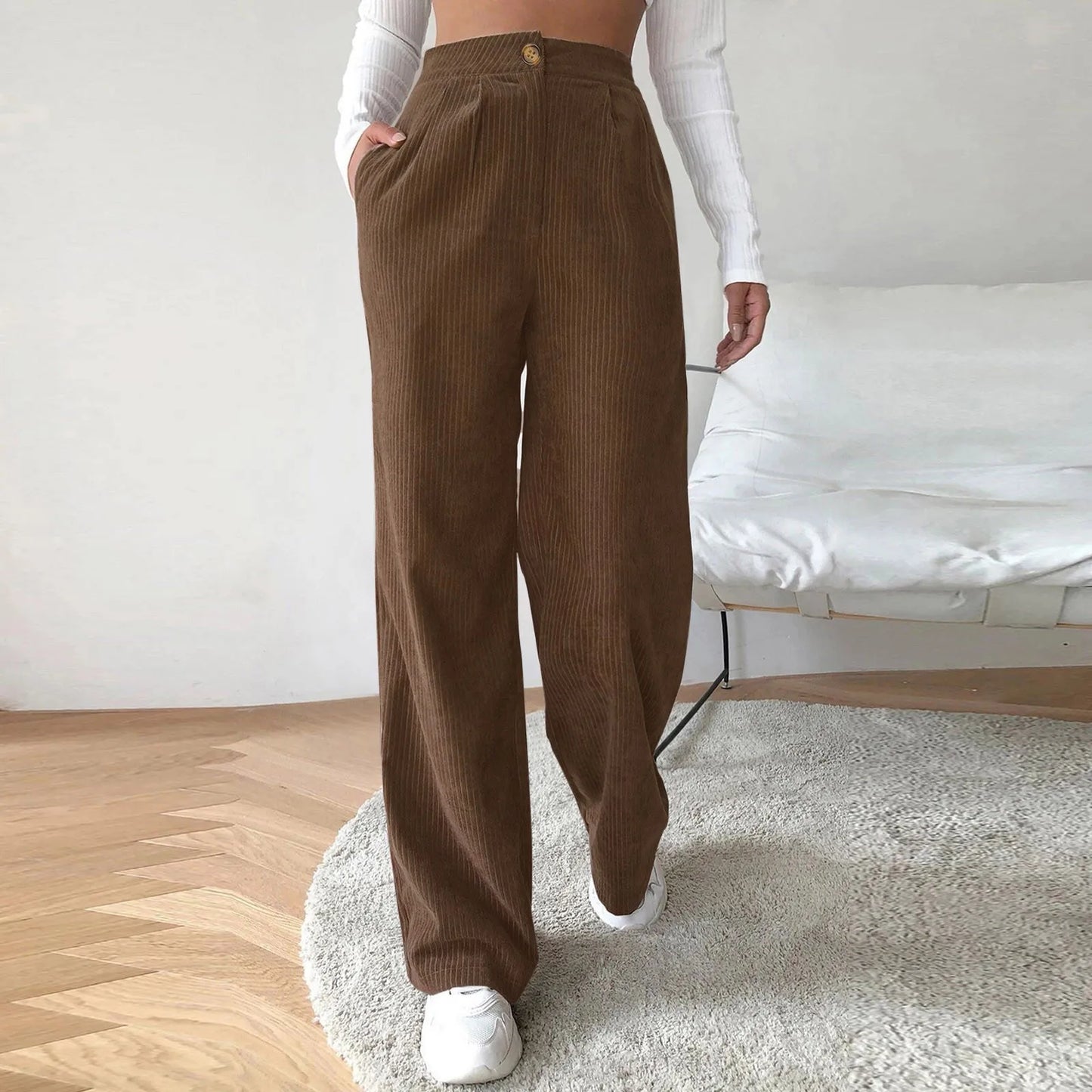 High Waist Wide Spring Solid Causal Straight Loose Vintage Trouser