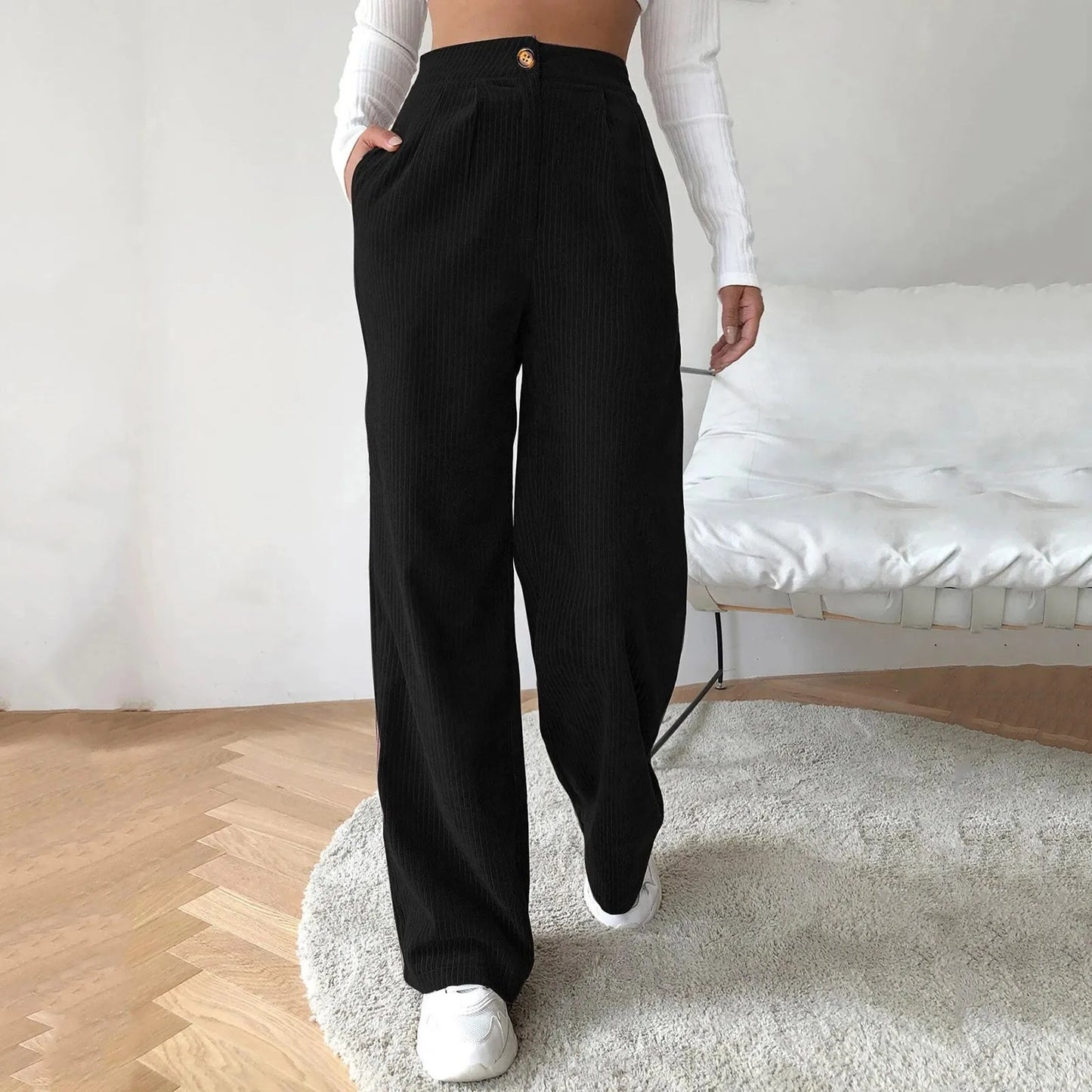 High Waist Wide Spring Solid Causal Straight Loose Vintage Trouser