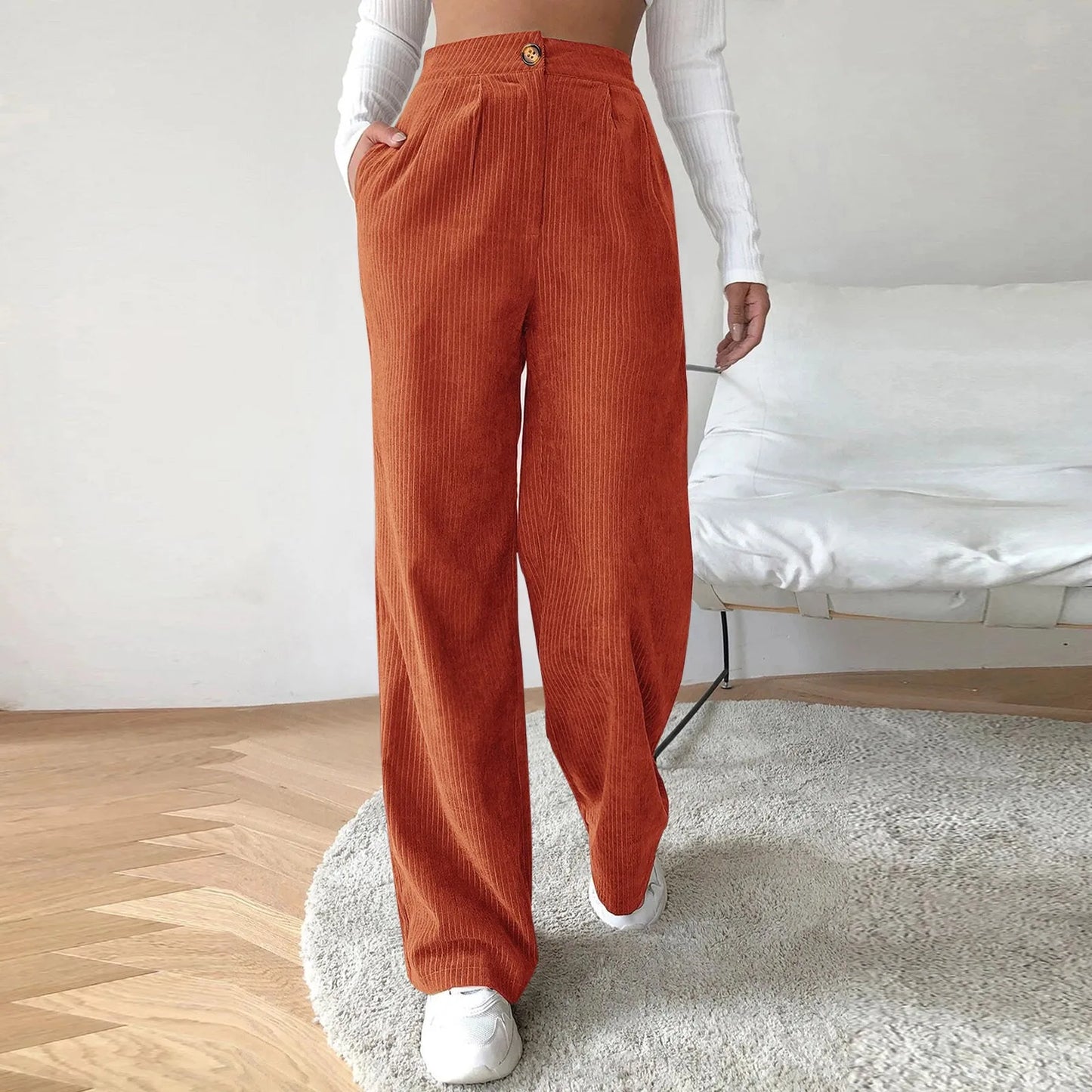 High Waist Wide Spring Solid Causal Straight Loose Vintage Trouser