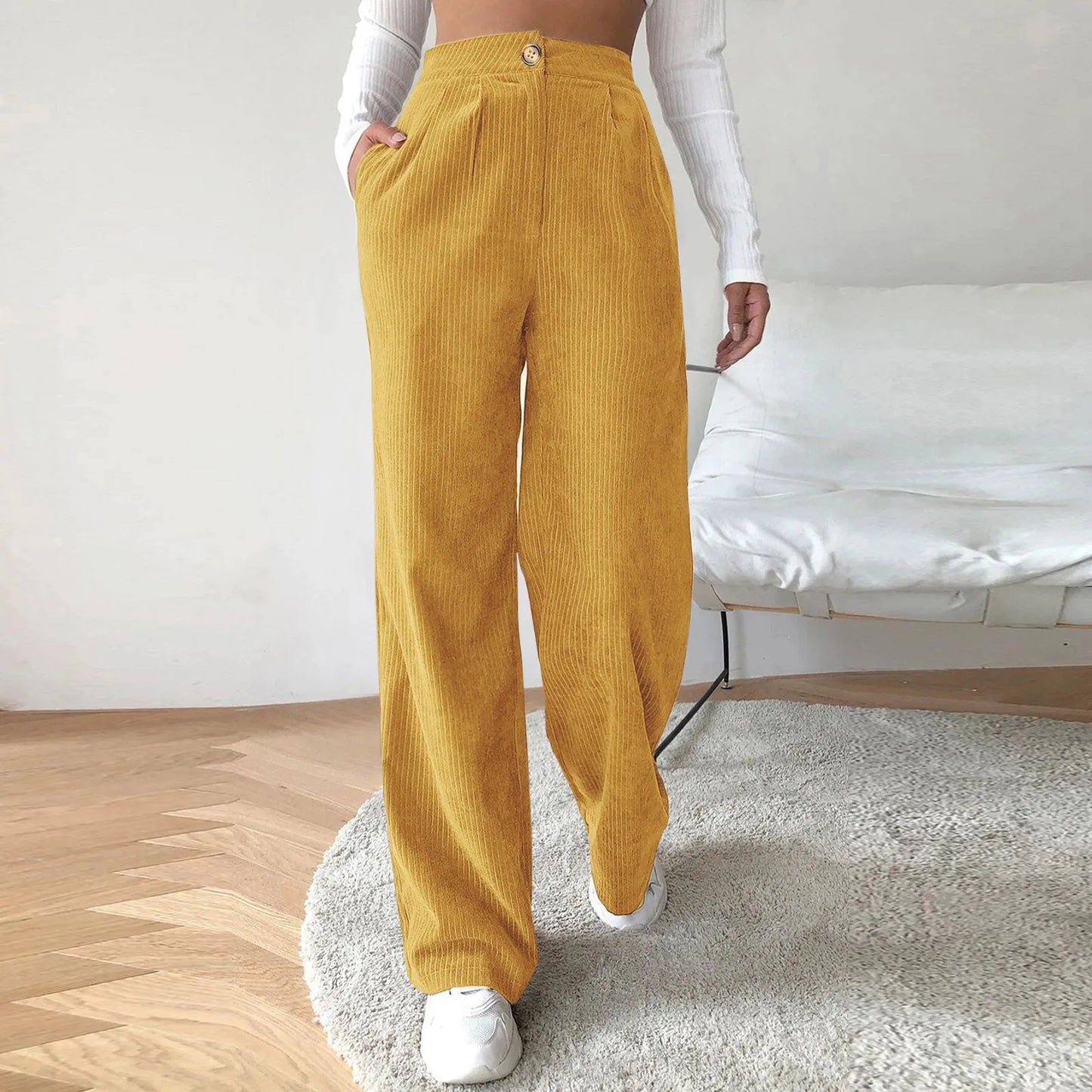 High Waist Wide Spring Solid Causal Straight Loose Vintage Trouser