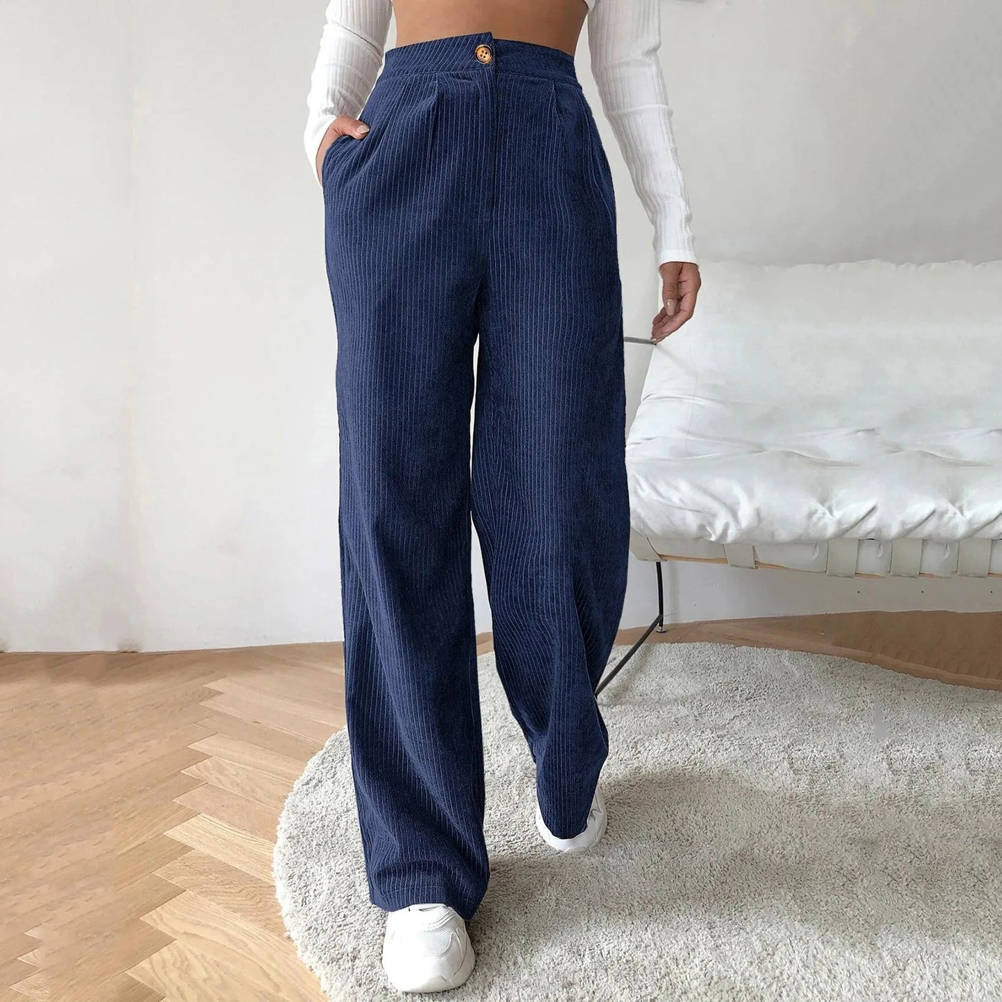 High Waist Wide Spring Solid Causal Straight Loose Vintage Trouser