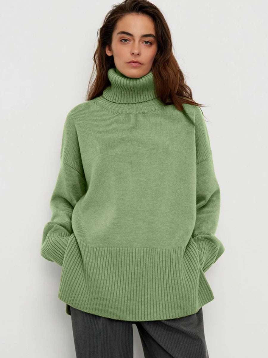 Turtle Neck Autumn Winter Women Soft Warm Basic Knitted Split Pullover Loose Casual Sweater