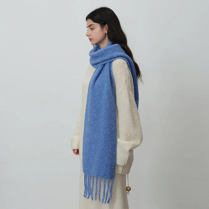 Glacier Blue Knitted Wool Scarf with Tassels for Women