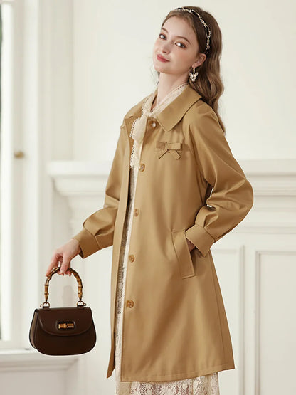 Autumn Khaki England Style Retro Mid-length Turn-down Collar Solid Coat