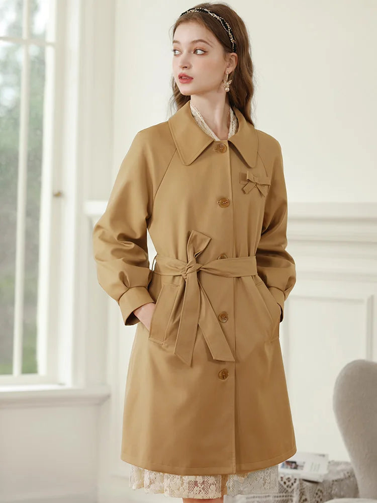 Autumn Khaki England Style Retro Mid-length Turn-down Collar Solid Coat