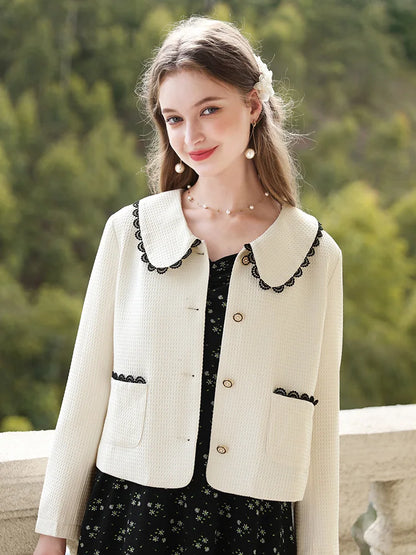 Apricot French Lace Peter Pan Collar Little Scented Solid Cardigan Coat