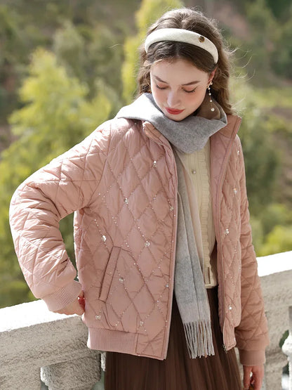 Warm Cotton-padded Stand Collar Diamond Check Embroidery New Lady Thick Parkas Coat