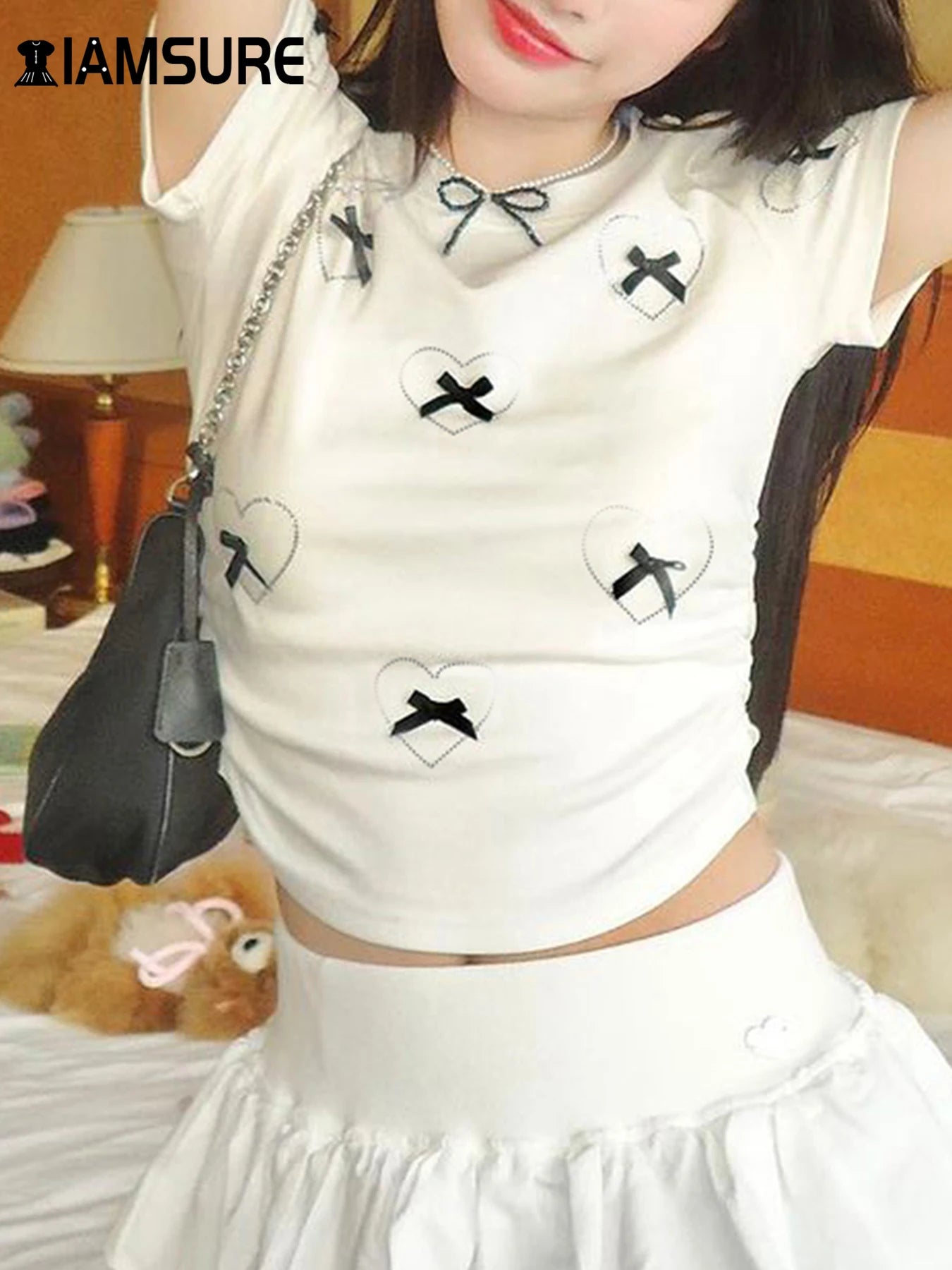 Casual Basic Bow Printed Sexy Slim O-Neck Short Sleeve 2024 Summer Streetwear Crop Top