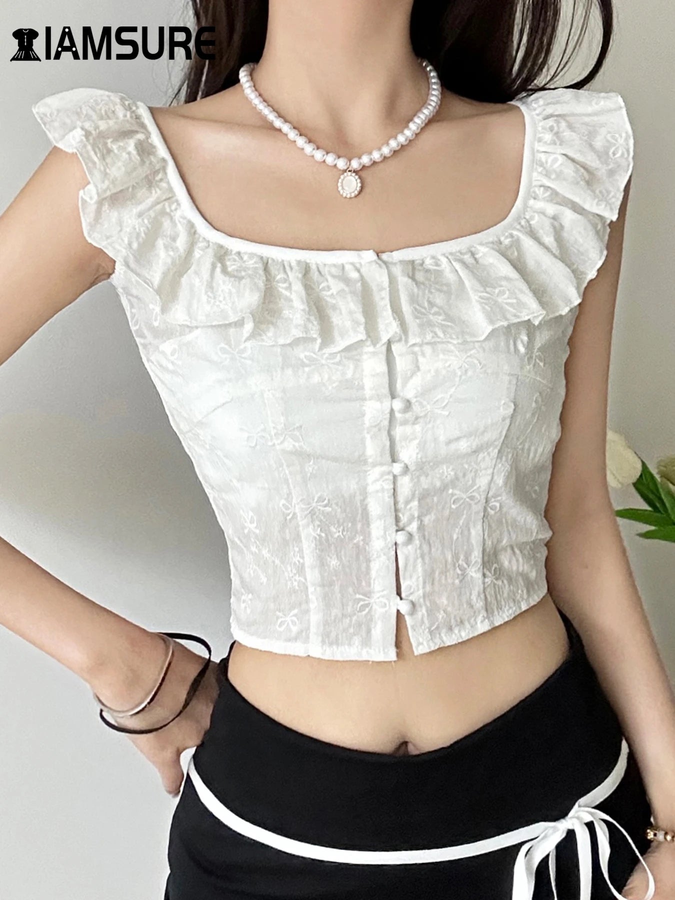 Casual Sweet Ruffles Slim Slash Neck Sleeveless Summer Fashion Streetwear Crop Top