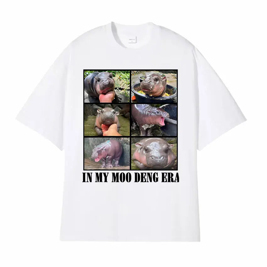 Oversized Fashion Cute Baby Hippo Loose 100% Cotton Funny T-Shirt Men Women Moo Deng