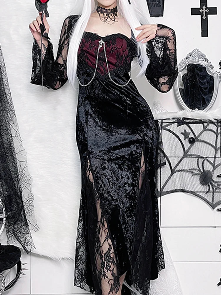 Slit Maxi High Long Gothic Dress Lace Chain Party Velvet Tube Patchwork Bodycon