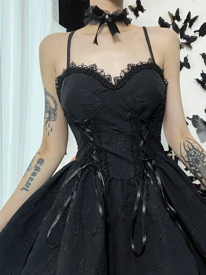 Line A Party Up Neck Lace Grunge Fairy Rose Summer Goth Print Backless V Dress