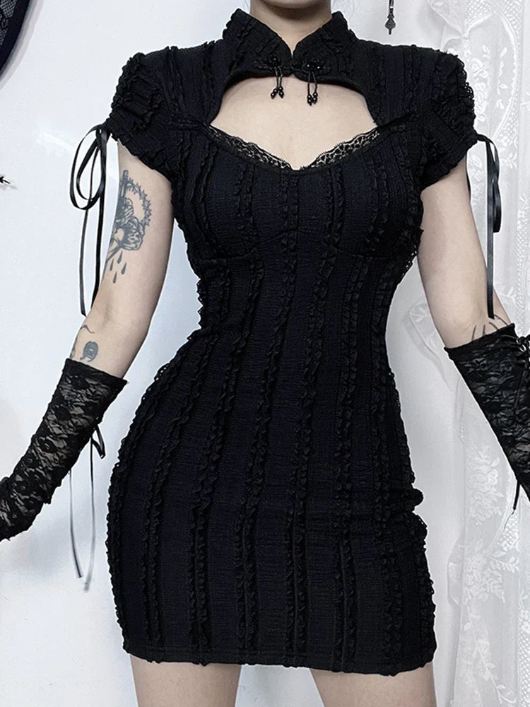 Short Dress Vertical Texture Gothic Out Small Hollow Knitted Collar Sleeve Hip Grunge