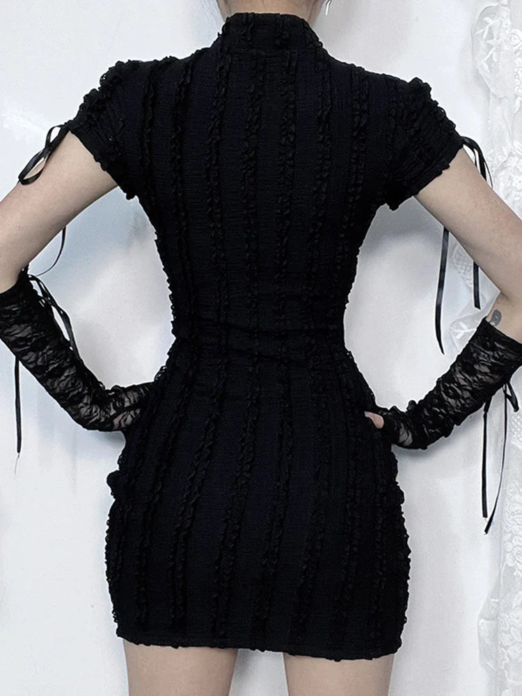 Short Dress Vertical Texture Gothic Out Small Hollow Knitted Collar Sleeve Hip Grunge