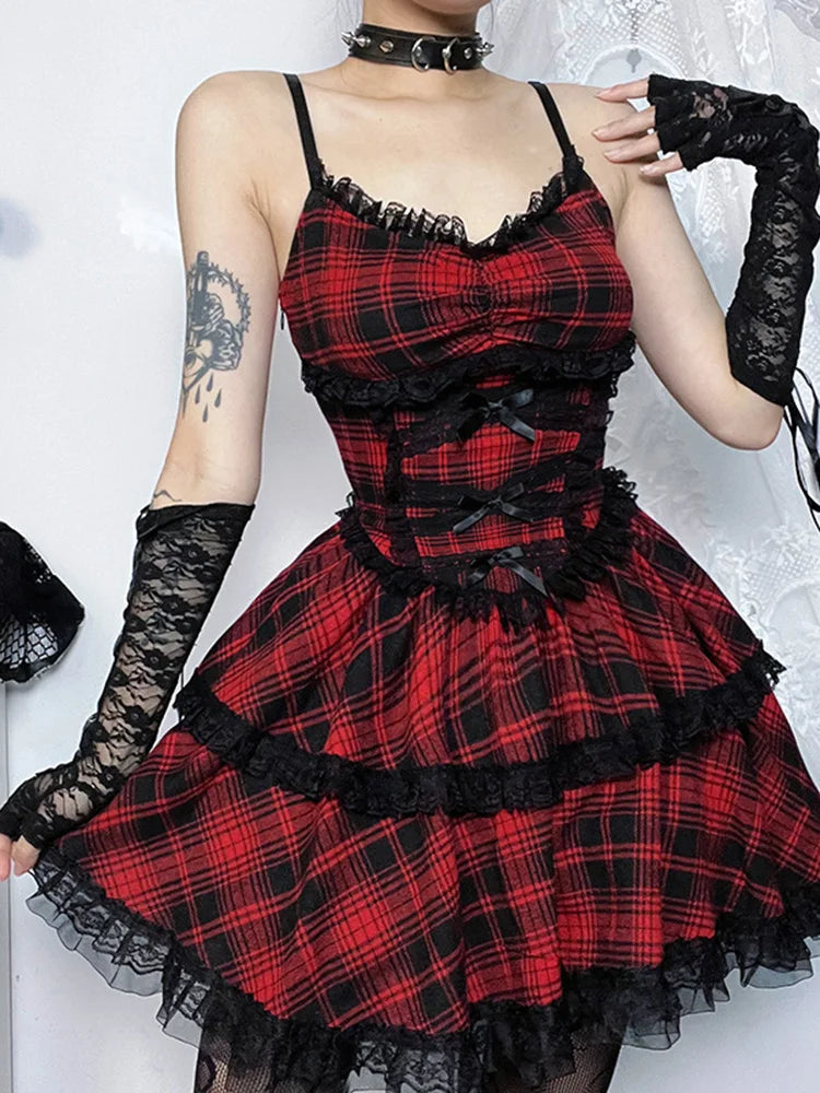 Black Party A-Line Backless Emo Grunge Plaid Goth Punk Dress Mall Lace Dress Mini Up