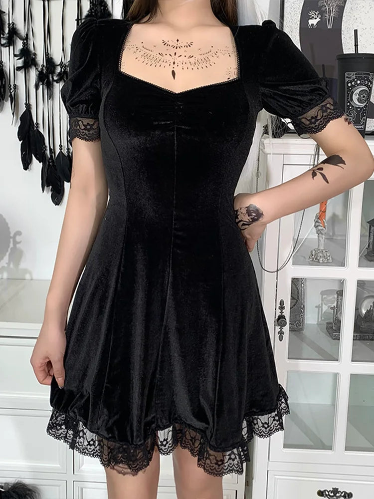 Black Sexy Punk Vintage Gothic Mini Party Dress Lolita Y2K Waist Harajuku Aesthetic Women High Backless