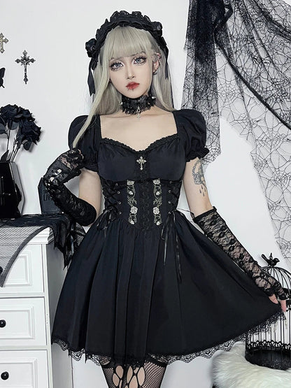 High Gothic Up Party Punk Trim Dress Lace Sexy Neck Waist Lace Black V Y2K Grunge