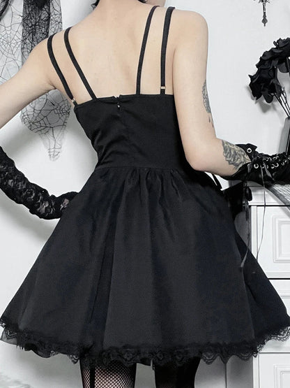 High Gothic Up Party Punk Trim Dress Lace Sexy Neck Waist Lace Black V Y2K Grunge