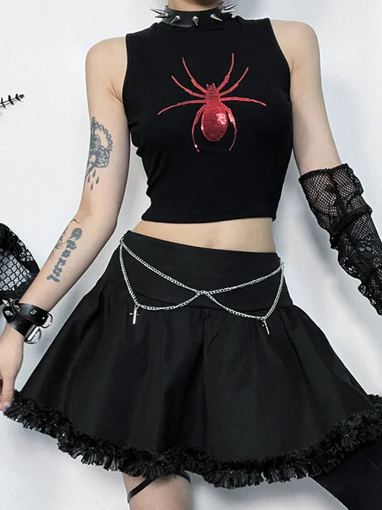 Crop Print Gothic Sleeveless Alt Spider Punk Top Graphic